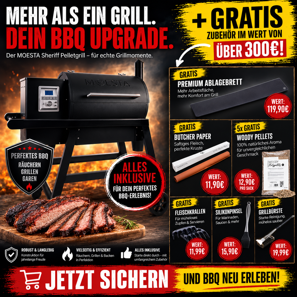 Moesta Sheriff Pelletgrill 2.0 Bundle inkl. schwarzem Ablagebrett, Pellets uvm.