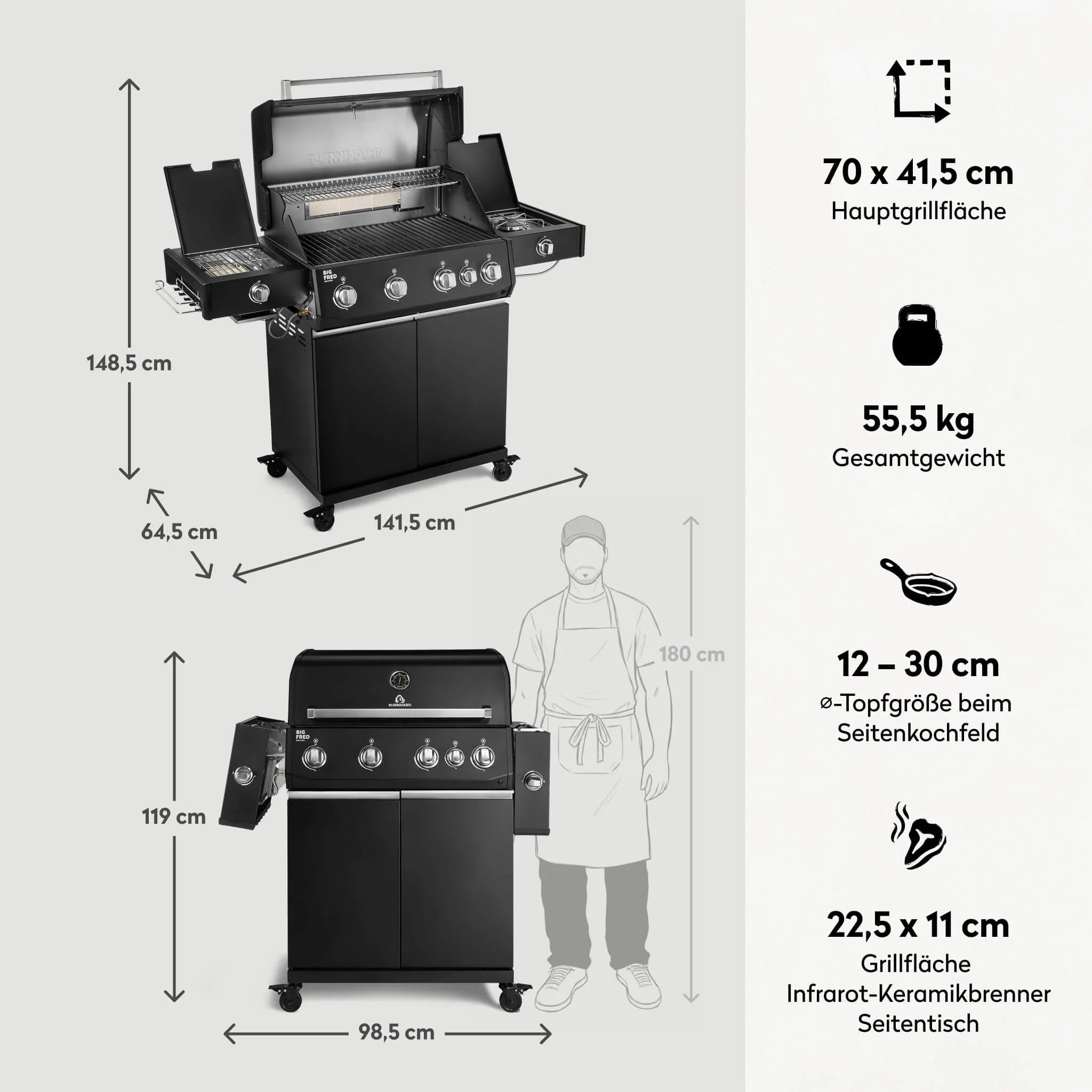 Burnhard Big FRED Deluxe+ Gasgrill Black Edition 4 - Brenner mit Gusseisenrost Series 4 - grillstarshop.comBurnhard Big FRED Deluxe+ Gasgrill Black Edition 4 - Brenner mit Gusseisenrost Series 4Burnhardgrillstarshop.com