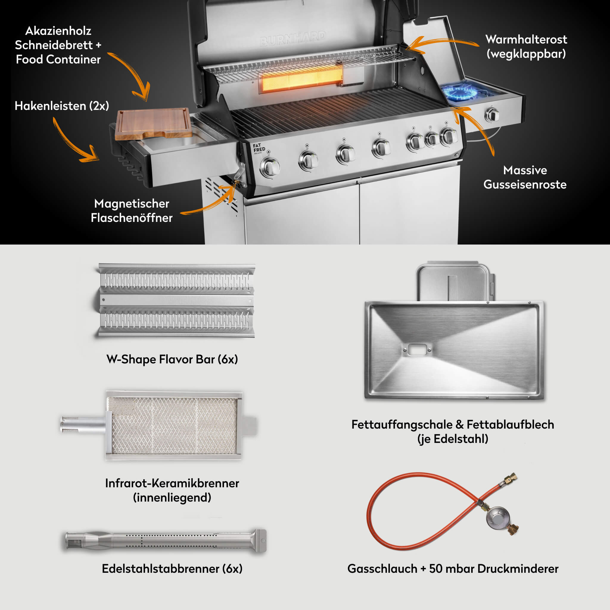 Burnhard Fat FRED Deluxe Gasgrill 6 - Brenner Edelstahl mit Gusseisenrost Series 4 - grillstarshop.comBurnhard Fat FRED Deluxe Gasgrill 6 - Brenner Edelstahl mit Gusseisenrost Series 4Burnhardgrillstarshop.com