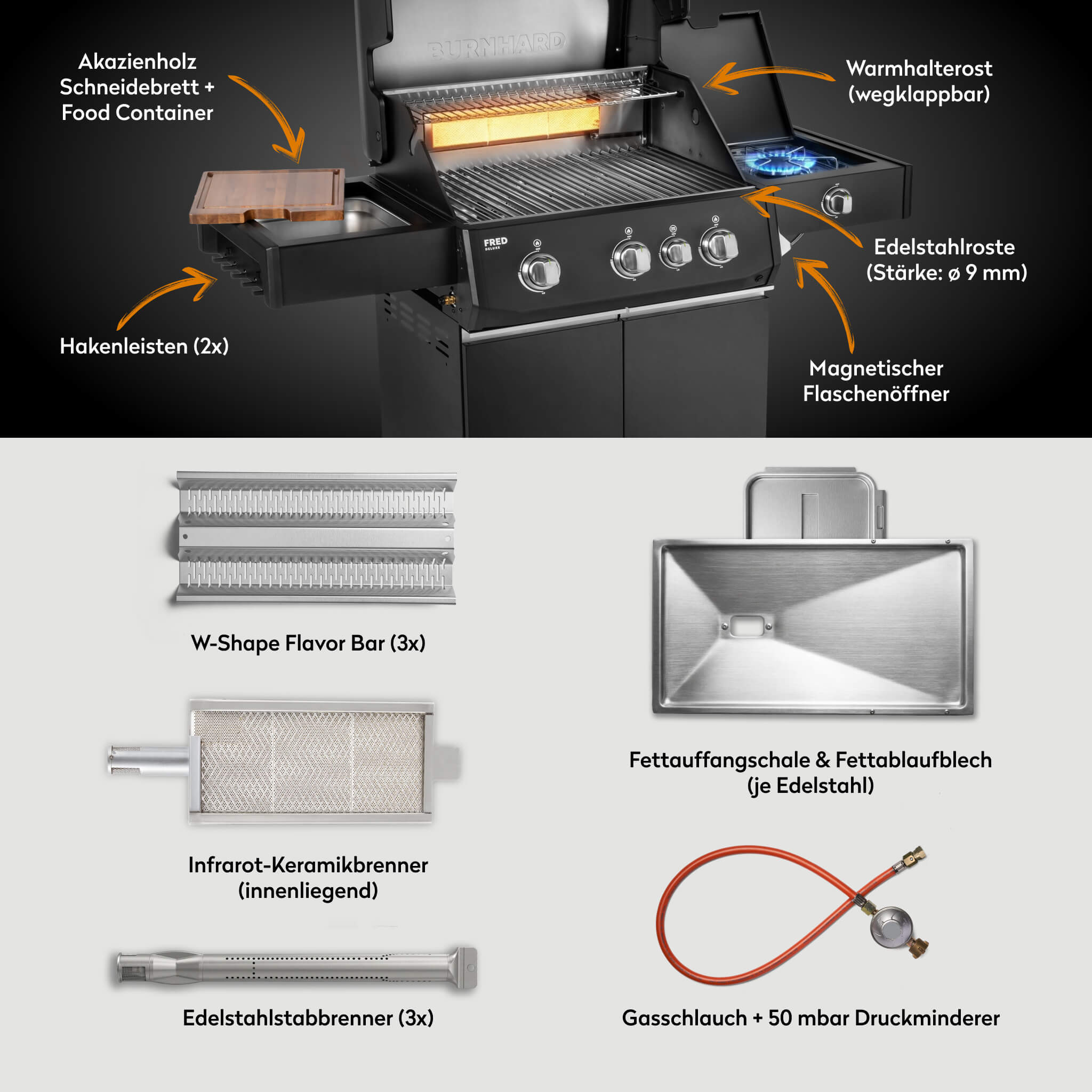 Burnhard FRED Deluxe Gasgrill 3 - Brenner Black Edition mit Edelstahlrost Series 4 - grillstarshop.comBurnhard FRED Deluxe Gasgrill 3 - Brenner Black Edition mit Edelstahlrost Series 4Burnhardgrillstarshop.com