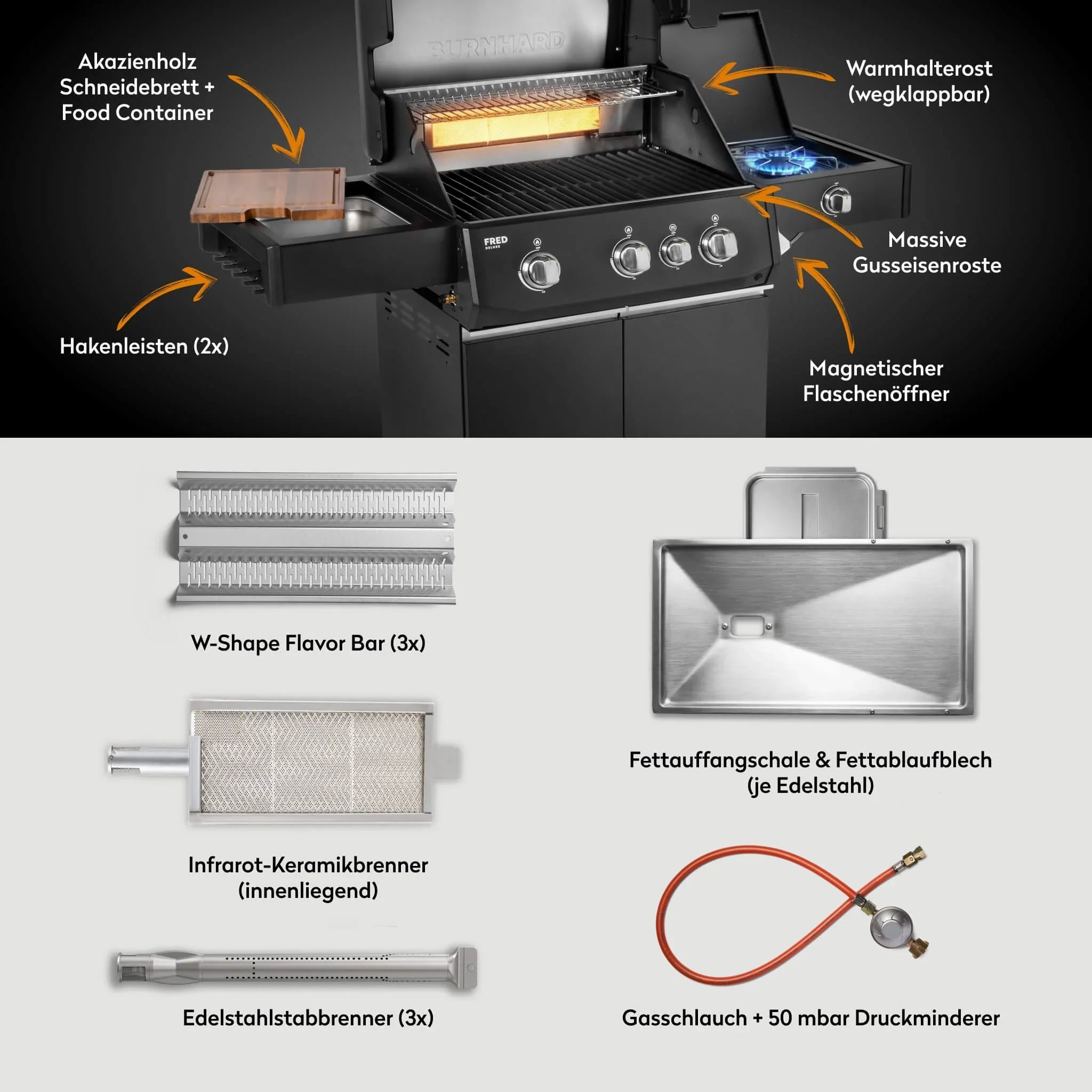 Burnhard FRED Deluxe Gasgrill 3 - Brenner Black Edition mit Gusseisenrost Series 4 - grillstarshop.comBurnhard FRED Deluxe Gasgrill 3 - Brenner Black Edition mit Gusseisenrost Series 4Burnhardgrillstarshop.com