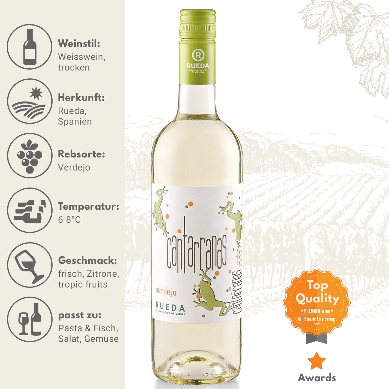 Cuatro Rayas "Cantarranas Verdejo DO" Weißwein - grillstarshop.comCuatro Rayas "Cantarranas Verdejo DO" WeißweinCuatro Rayasgrillstarshop.com2034008414219063213