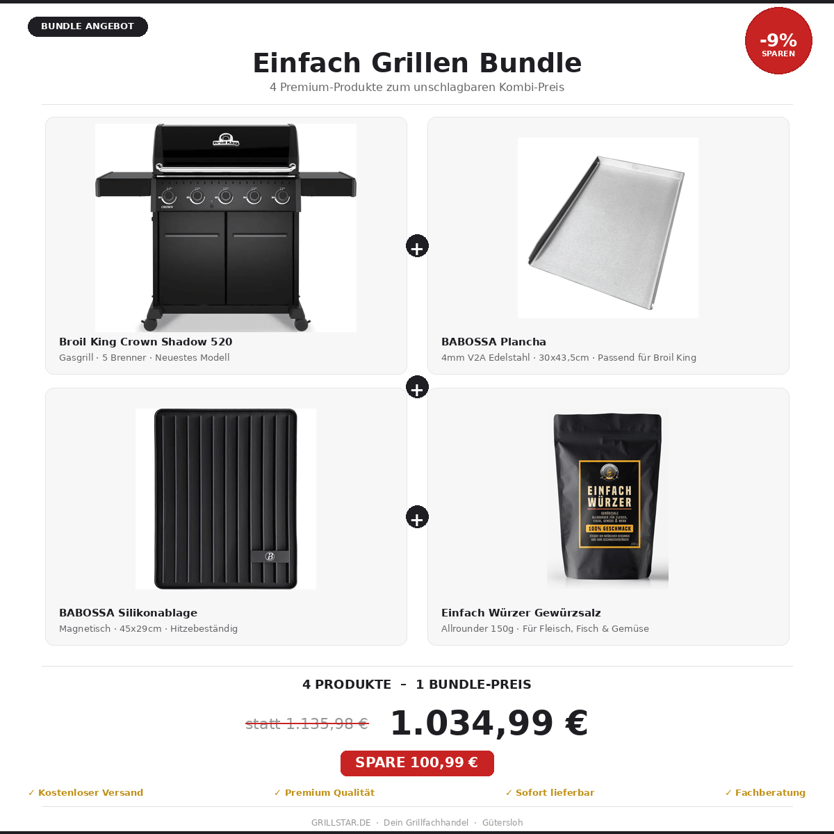 Einfach Grillen Bundle | Broil King Crown Shadow 520 | Einfach Würzer | BABOSSA Plancha | BABOSSA Silikonablage - grillstarshop.comEinfach Grillen Bundle | Broil King Crown Shadow 520 | Einfach Würzer | BABOSSA Plancha | BABOSSA SilikonablageGrillsBroil Kinggrillstarshop.com