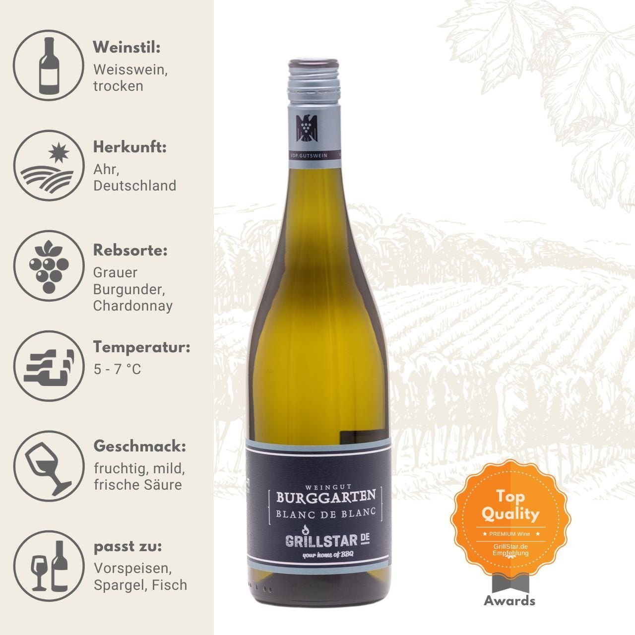 Grillstar Blanc de Blanc - Weingut Burggarten - Weißwein - grillstarshop.comGrillstar Blanc de Blanc - Weingut Burggarten - WeißweinGrillstargrillstarshop.com23 - 21 - G4260224820211