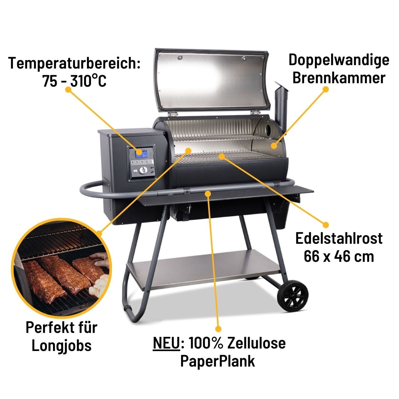 Moesta Sheriff Pelletgrill, inkl. Ablagebrett PaperPlank schwarz & Halterungen, 66 x 44 cm Grillfläche - grillstarshop.comMoesta Sheriff Pelletgrill, inkl. Ablagebrett PaperPlank schwarz & Halterungen, 66 x 44 cm GrillflächeMoestagrillstarshop.com198834260664772552