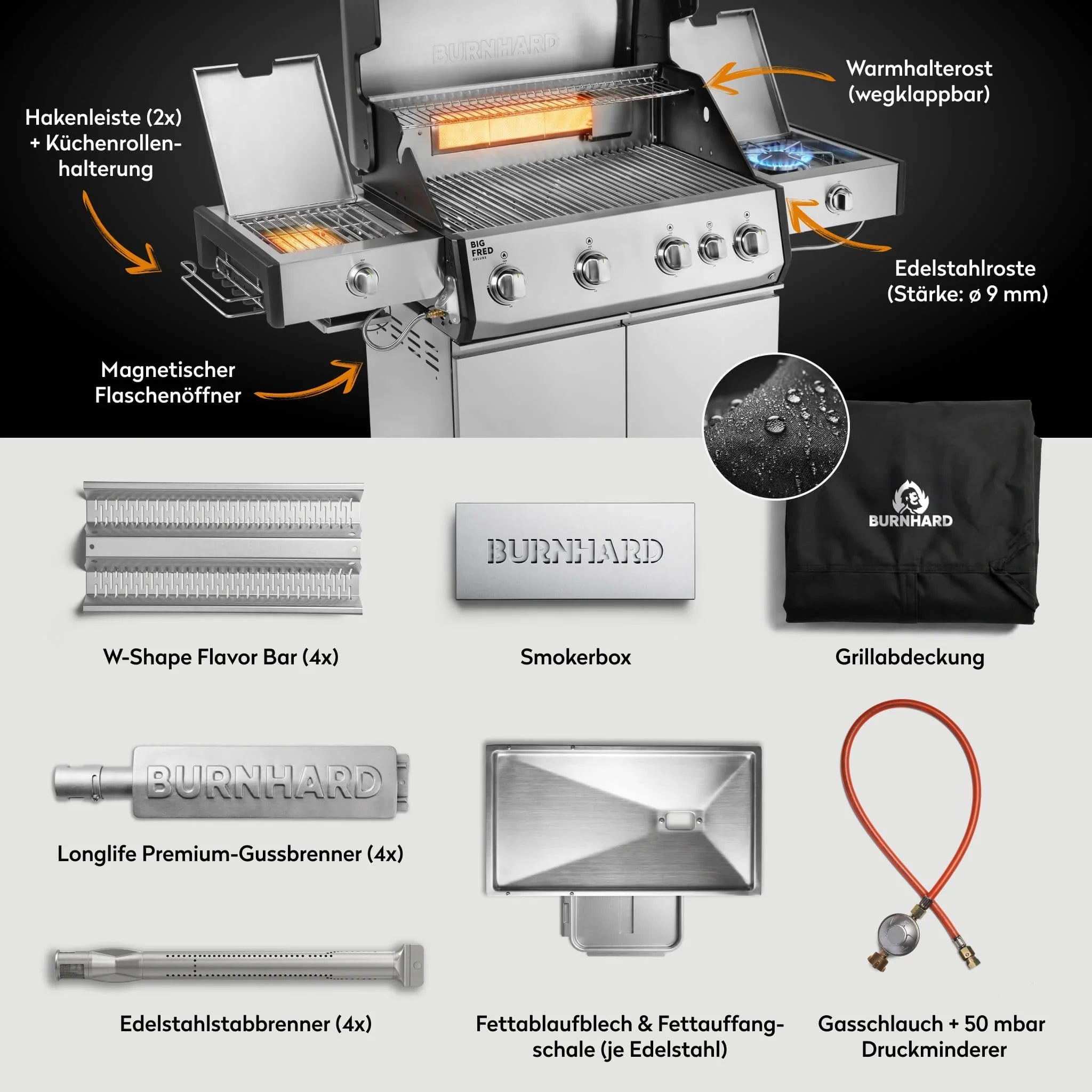 Burnhard Big FRED Deluxe+ Gasgrill Edelstahl 4 - Brenner mit Edelstahlrost Series 4 - grillstarshop.comBurnhard Big FRED Deluxe+ Gasgrill Edelstahl 4 - Brenner mit Edelstahlrost Series 4Burnhardgrillstarshop.com