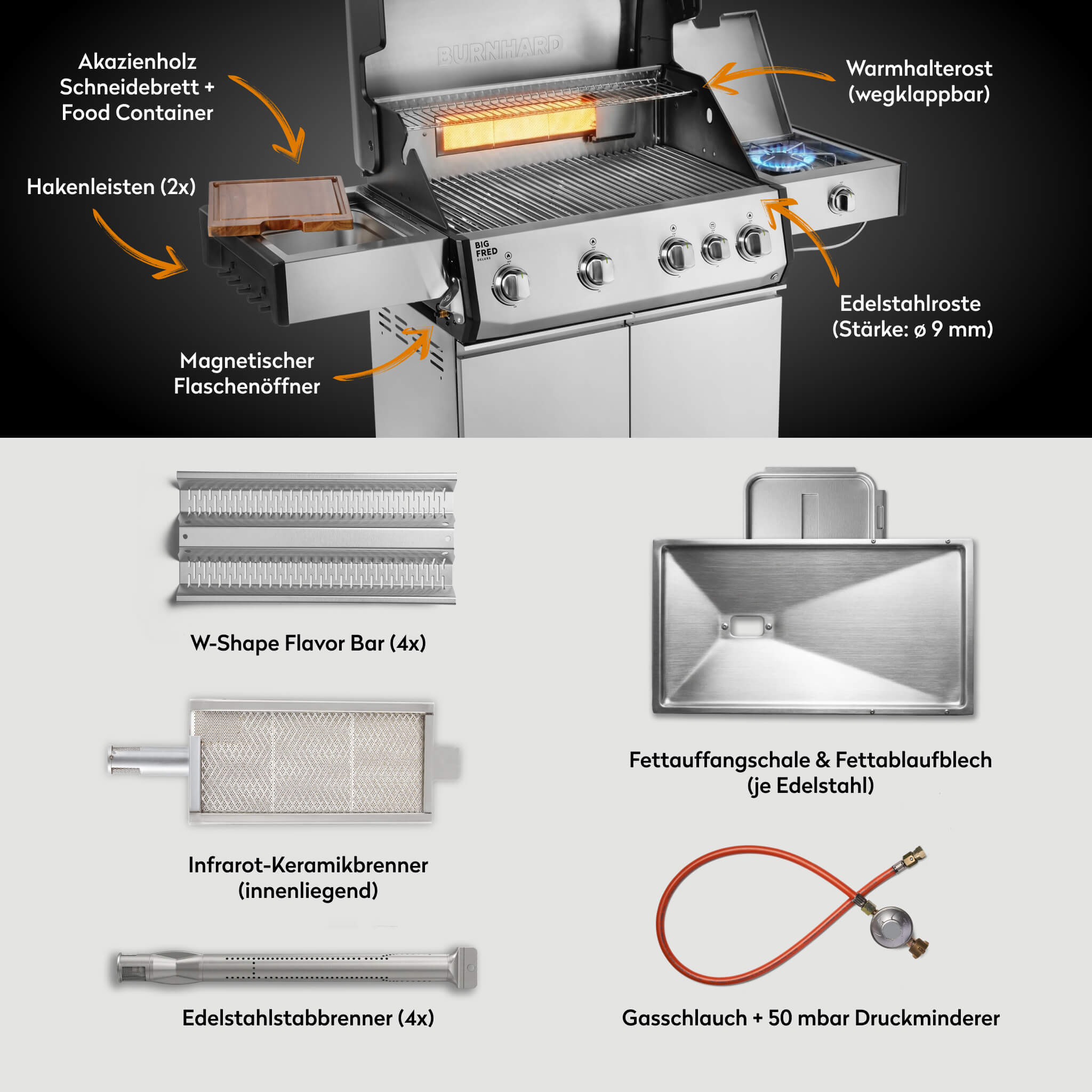 Burnhard Big FRED Deluxe Gasgrill Edelstahl 4 - Brenner mit Edelstahlrost Series 4 - grillstarshop.comBurnhard Big FRED Deluxe Gasgrill Edelstahl 4 - Brenner mit Edelstahlrost Series 4Burnhardgrillstarshop.com