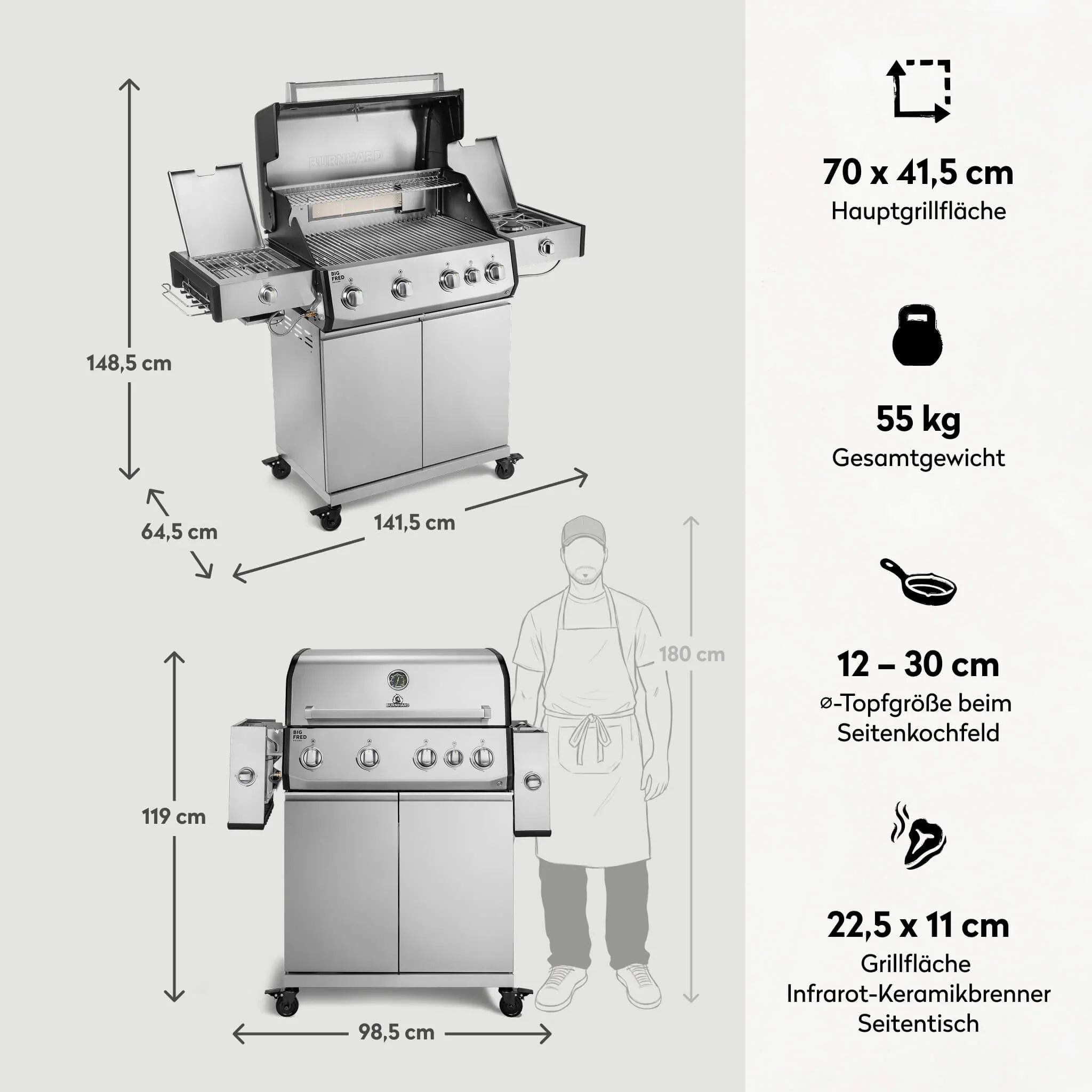 Burnhard Big FRED Deluxe+ Gasgrill Edelstahl 4 - Brenner mit Edelstahlrost Series 4 - grillstarshop.comBurnhard Big FRED Deluxe+ Gasgrill Edelstahl 4 - Brenner mit Edelstahlrost Series 4Burnhardgrillstarshop.com