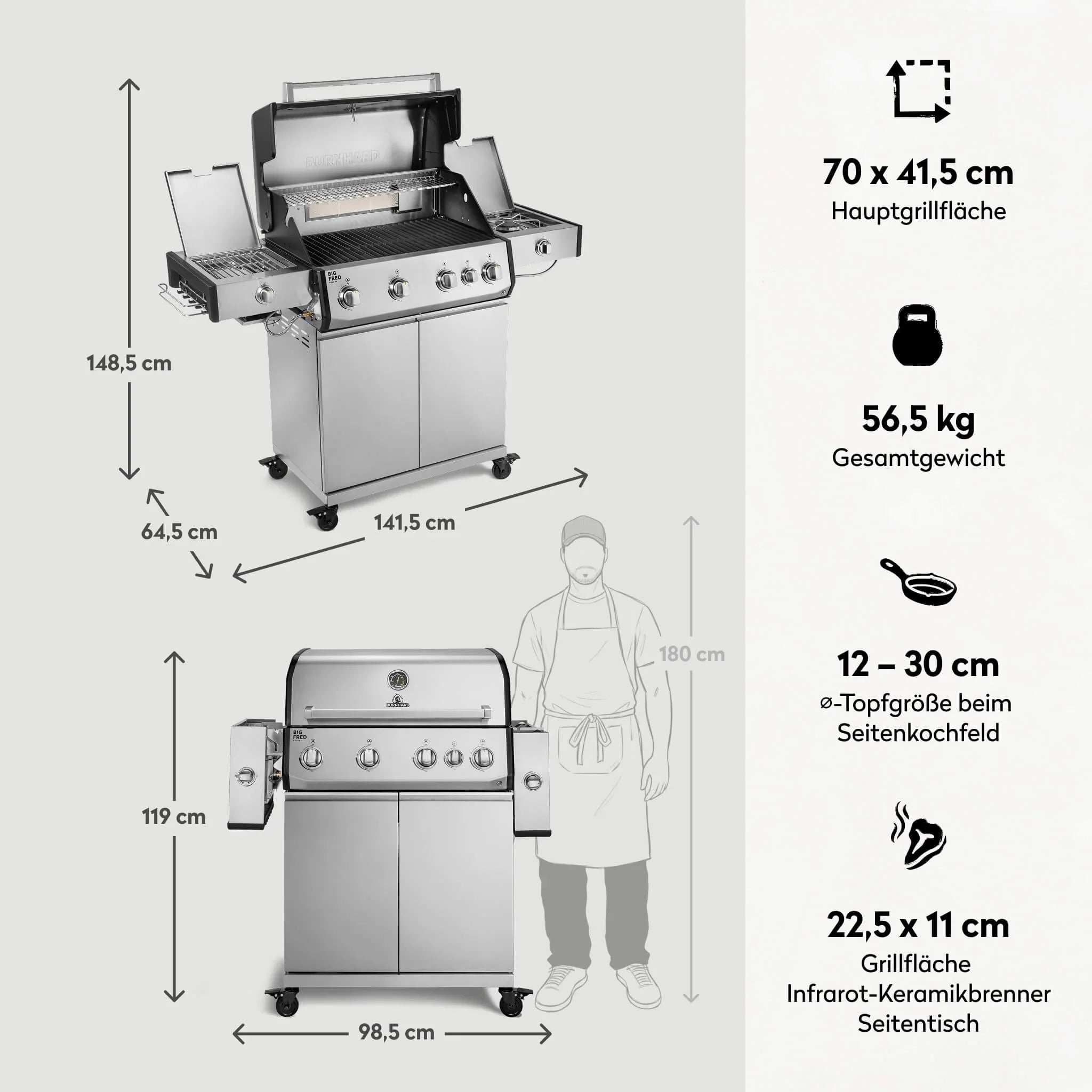 Burnhard Big FRED Deluxe+ Gasgrill Edelstahl 4 - Brenner mit Gusseisenrost Series 4 - grillstarshop.comBurnhard Big FRED Deluxe+ Gasgrill Edelstahl 4 - Brenner mit Gusseisenrost Series 4Burnhardgrillstarshop.com
