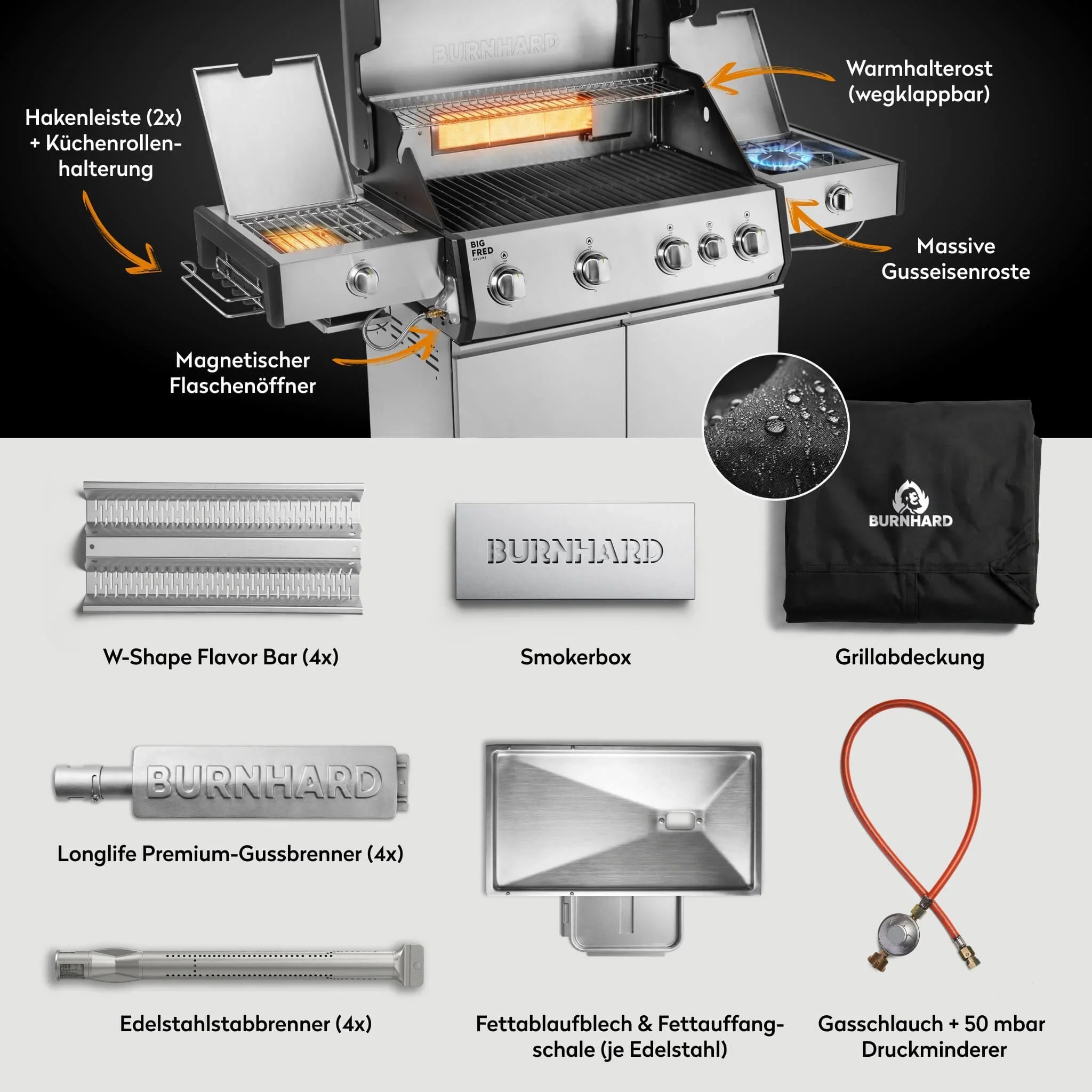 Burnhard Big FRED Deluxe+ Gasgrill Edelstahl 4 - Brenner mit Gusseisenrost Series 4 - grillstarshop.comBurnhard Big FRED Deluxe+ Gasgrill Edelstahl 4 - Brenner mit Gusseisenrost Series 4Burnhardgrillstarshop.com