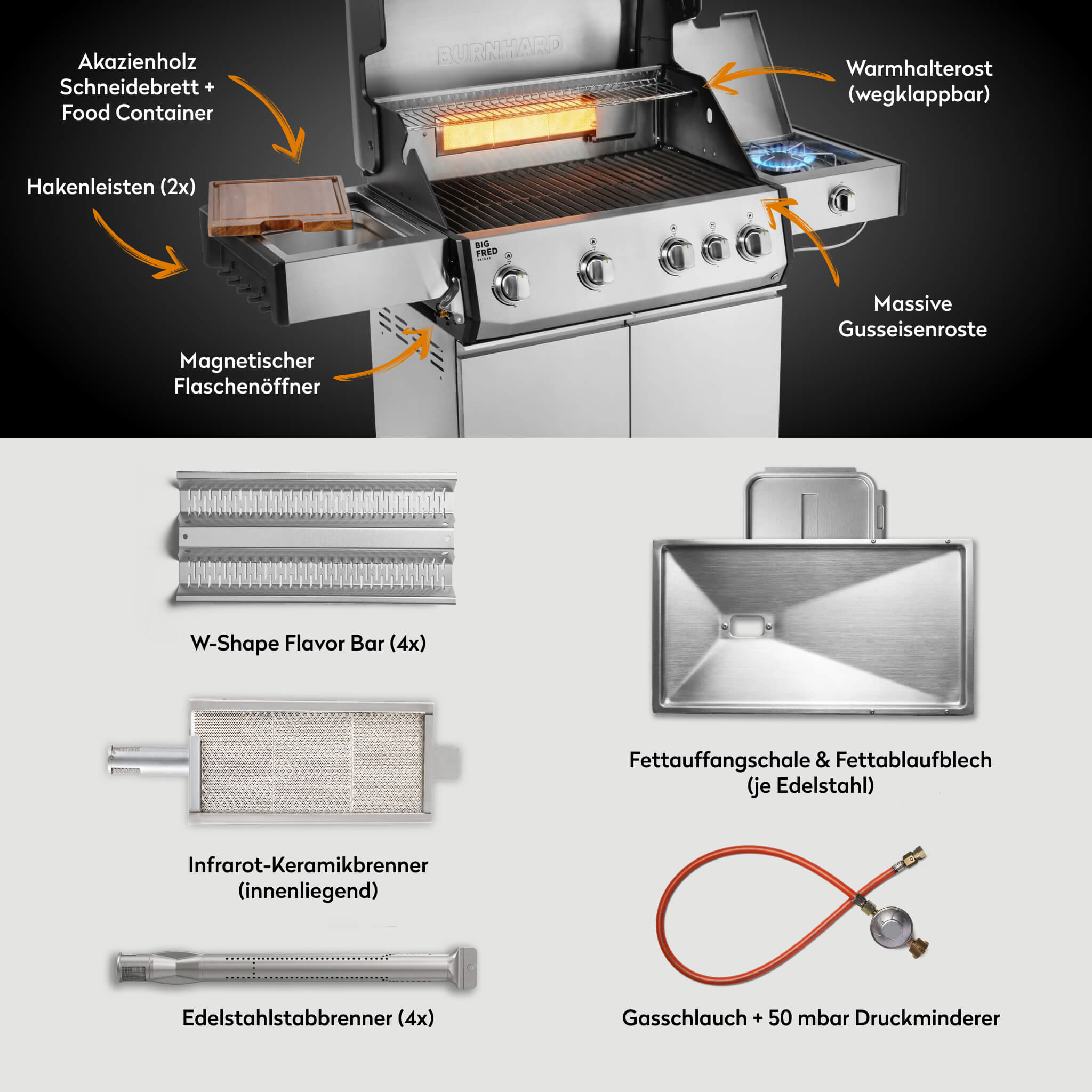 Burnhard Big FRED Deluxe Gasgrill Edelstahl 4 - Brenner mit Gusseisenrost Series 4 - grillstarshop.comBurnhard Big FRED Deluxe Gasgrill Edelstahl 4 - Brenner mit Gusseisenrost Series 4Burnhardgrillstarshop.com