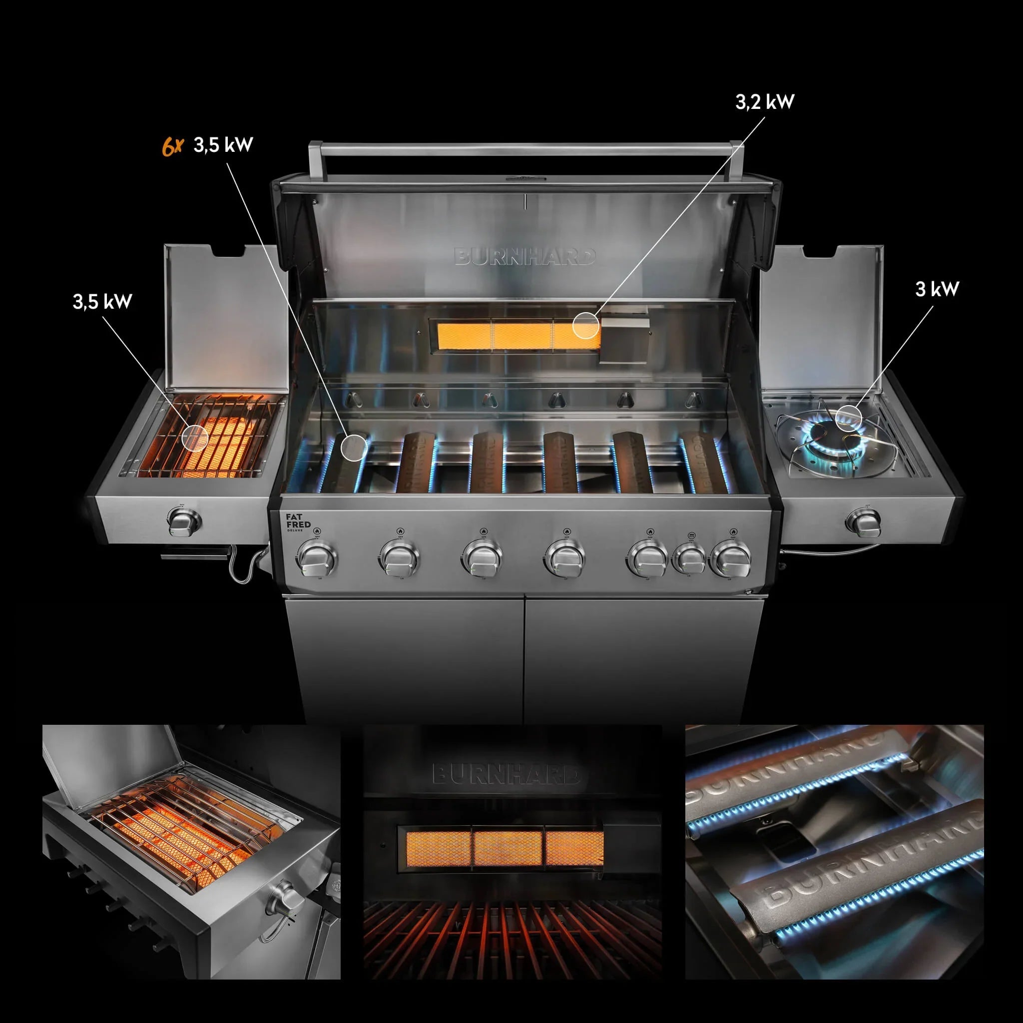 Burnhard Fat FRED Deluxe+ Gasgrill 6 - Brenner Edelstahl mit Gusseisenrost Series 4 - grillstarshop.comBurnhard Fat FRED Deluxe+ Gasgrill 6 - Brenner Edelstahl mit Gusseisenrost Series 4Burnhardgrillstarshop.com