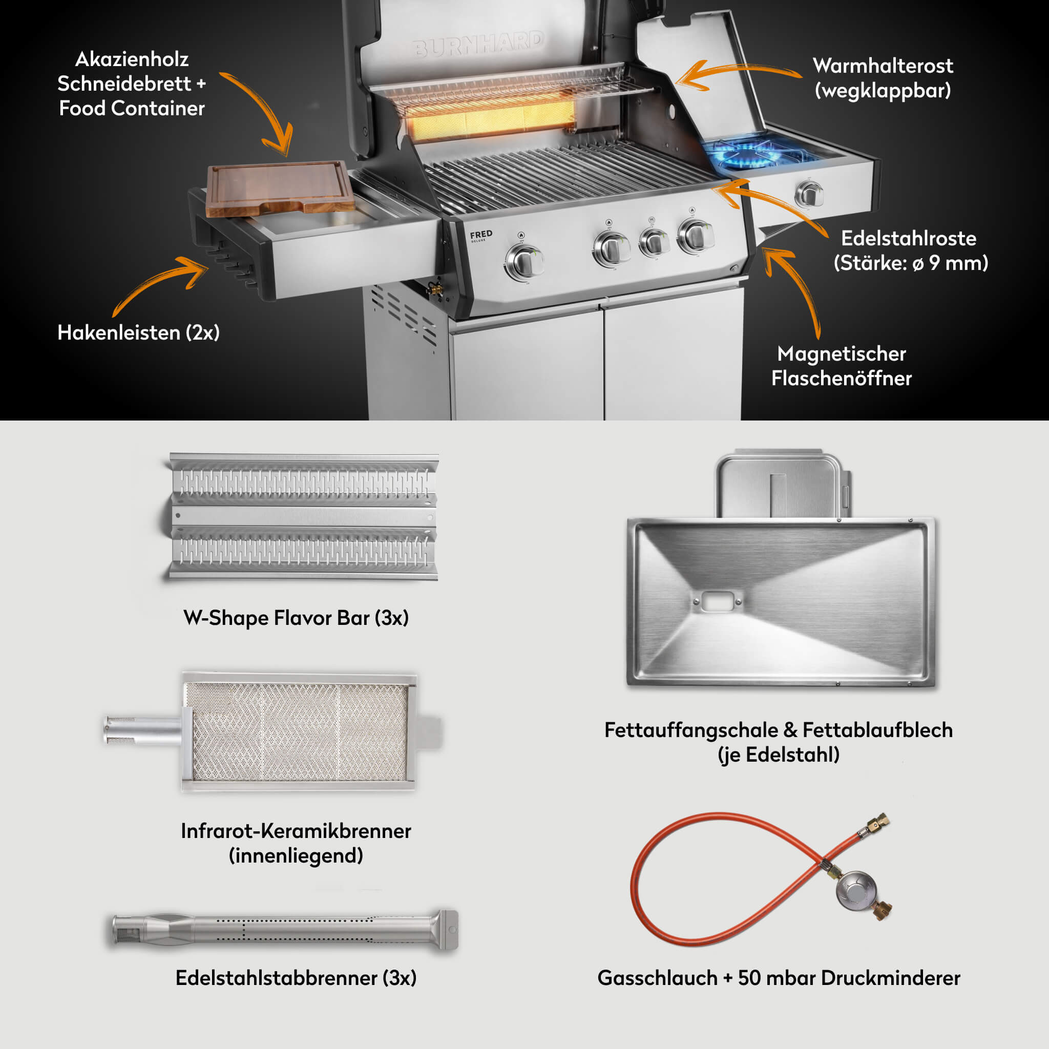 Burnhard FRED Deluxe Gasgrill 3 - Brenner Edelstahl mit Edelstahlrost Series 4 - grillstarshop.comBurnhard FRED Deluxe Gasgrill 3 - Brenner Edelstahl mit Edelstahlrost Series 4Burnhardgrillstarshop.com