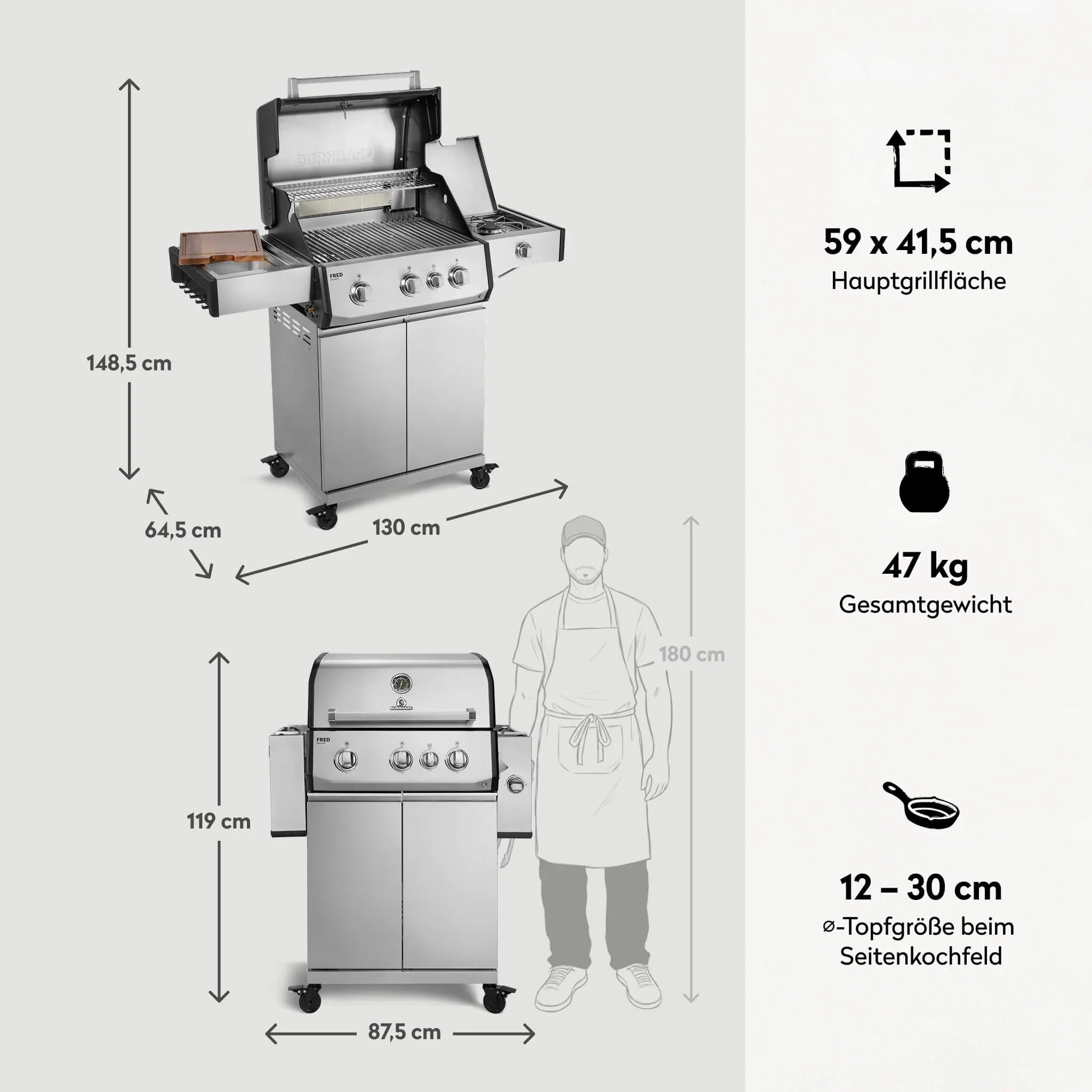 Burnhard FRED Deluxe Gasgrill 3 - Brenner Edelstahl mit Gusseisenrost Series 4 - grillstarshop.comBurnhard FRED Deluxe Gasgrill 3 - Brenner Edelstahl mit Gusseisenrost Series 4Burnhardgrillstarshop.com