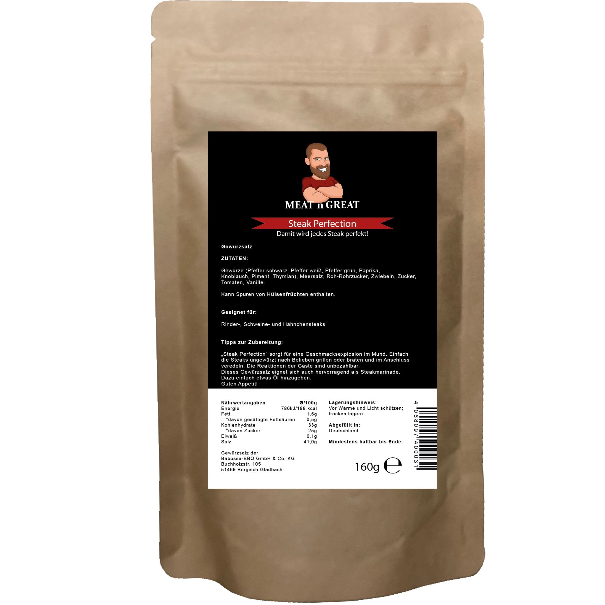 Meat 'n' Great Steak Perfection Nachfüllbeutel 160 g - grillstarshop.comMeat 'n' Great Steak Perfection Nachfüllbeutel 160 gMeat 'n' Greatgrillstarshop.comB - 400034068097400031