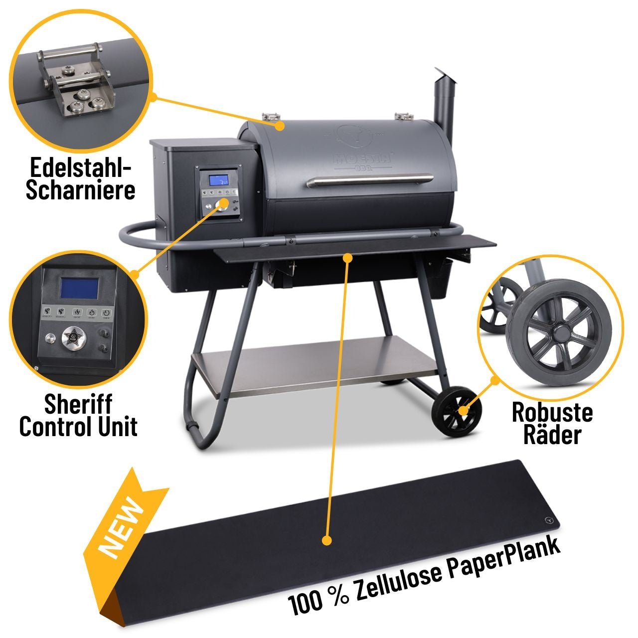 Moesta Sheriff Pelletgrill, inkl. Ablagebrett PaperPlank schwarz & Halterungen, 66 x 44 cm Grillfläche - grillstarshop.comMoesta Sheriff Pelletgrill, inkl. Ablagebrett PaperPlank schwarz & Halterungen, 66 x 44 cm GrillflächeMoestagrillstarshop.com198834260664772552